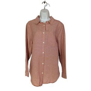 Liz Claiborne Coral Pink Blouse Linen Blend Button up Tab Sleeve Women's Size L